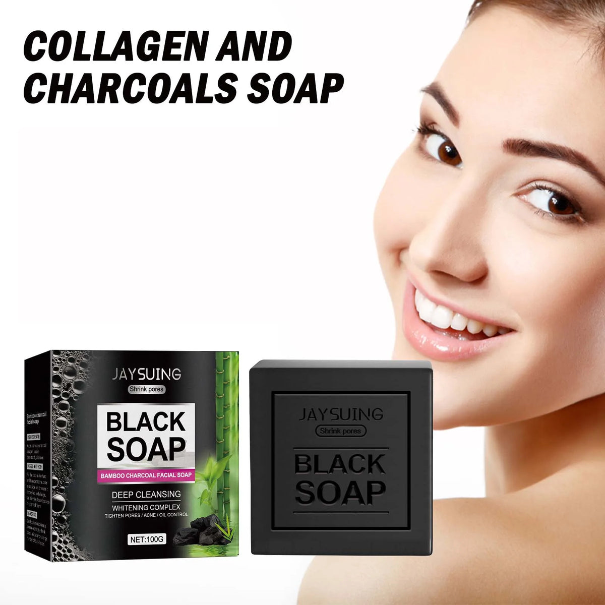 Bamboo Charcoal Cleansing Face Soap Silcy Skin - black soap box and bar beside a smiling woman on Tampa Home & Garden Store