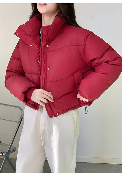 Red cropped cotton-padded puffer jacket with zip front and snap buttons on Tampa Home & Garden Store