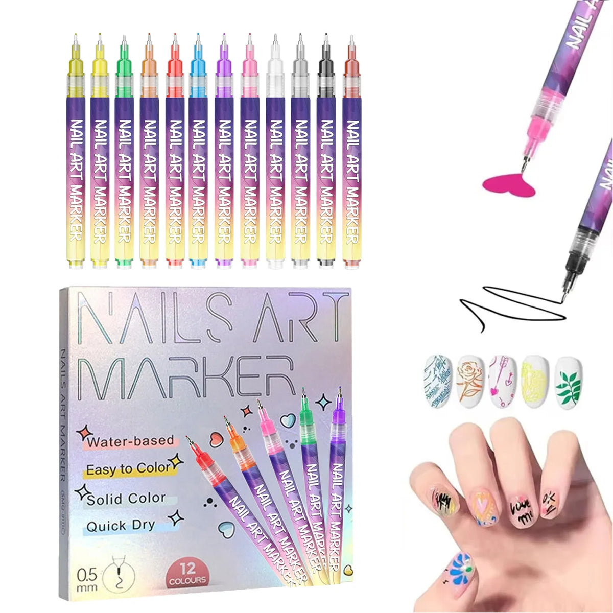 Silcy Skin 12-piece nail art marker set with multicolor caps for graffiti nail designs on Tampa Home & Garden Store