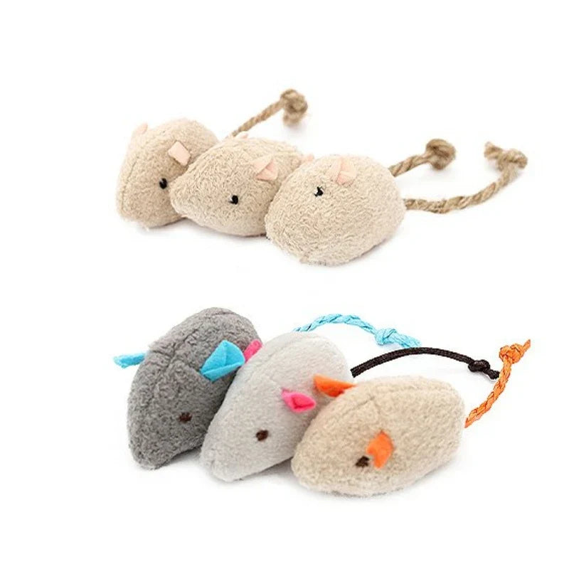 Catnip-filled faux fur rattle mouse toys set with beige and gray plush mice and rope tails on Tampa Home & Garden Store