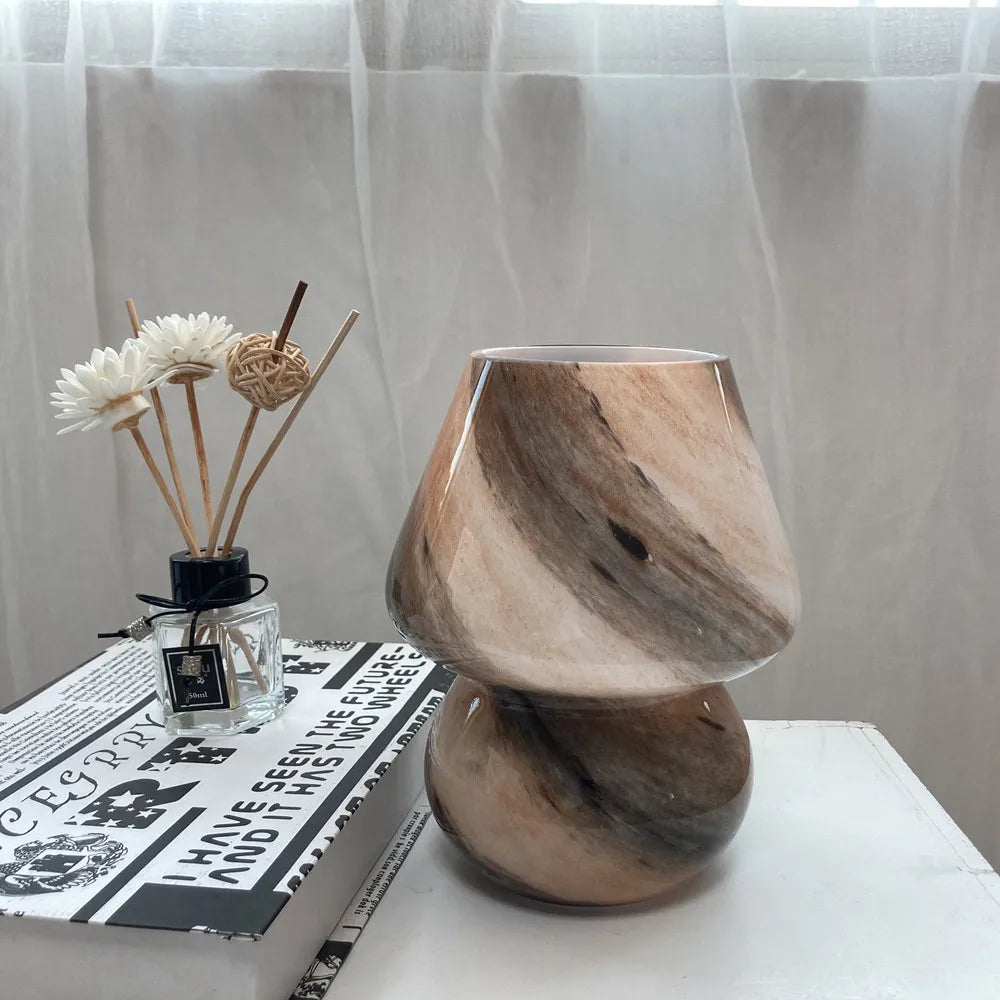 Glass mushroom table lamp by Perfecsy with earth-toned marble swirl for bedside decor on Tampa Home & Garden Store