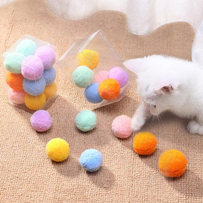Stevvex 12Pcs multicolor cat pom pom plush balls set for interactive kitten play on Tampa Home & Garden Store