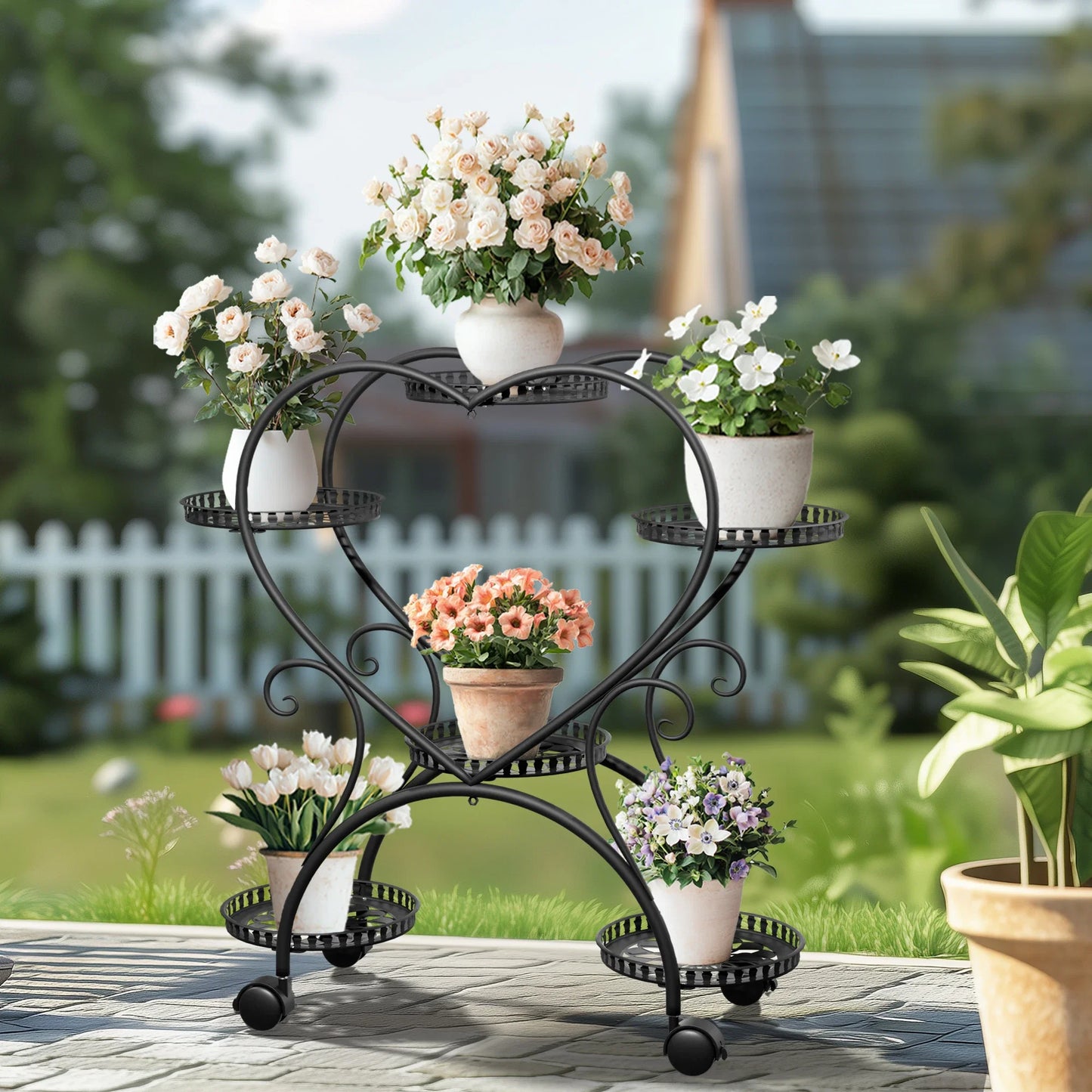 Black Metal Heart 6 Tier Rack For Garden Plants