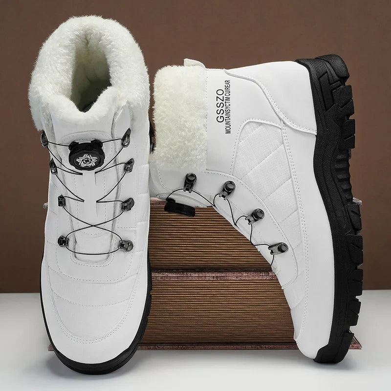 Mens Winter Snow Boots pair, white with faux fur lining, rugged black outsole on Tampa Home & Garden Store