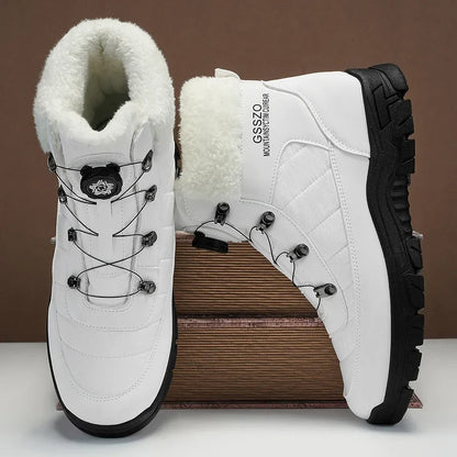 Mens Winter Snow Boots pair, white with faux fur lining, rugged black outsole on Tampa Home & Garden Store