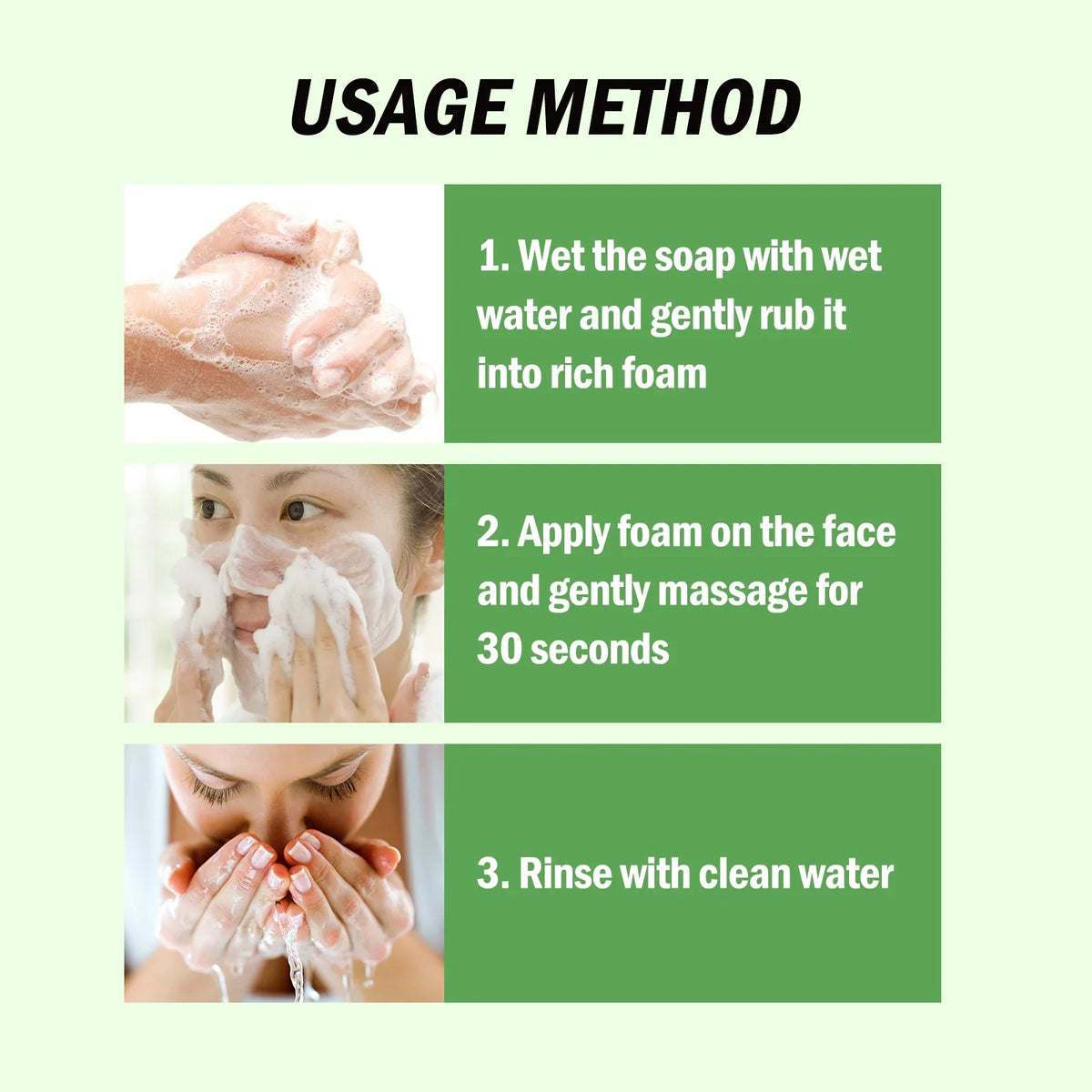 Bamboo Charcoal Cleansing Face Soap by Silcy Skin usage steps infographic showing foamy lather and green instruction panels on Tampa Home & Garden Store