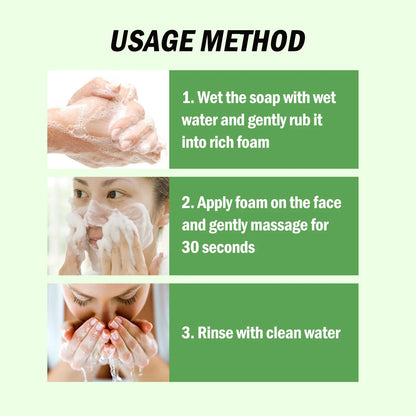 Bamboo Charcoal Cleansing Face Soap by Silcy Skin usage steps infographic showing foamy lather and green instruction panels on Tampa Home & Garden Store