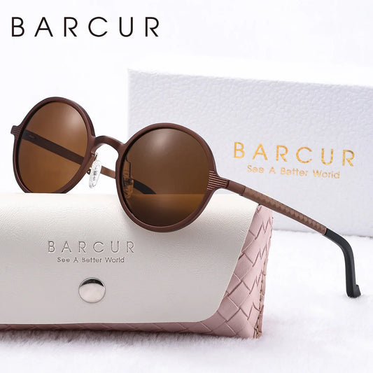 BARCUR round brown sunglasses with brown lenses and textured arms, gift-boxed on Tampa Home & Garden Store