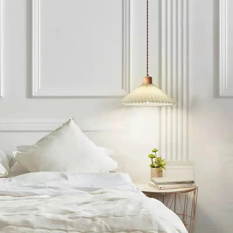 Retro Pleated Pendant Light by Perfecsy with wooden top and fabric shade for living room on Tampa Home & Garden Store
