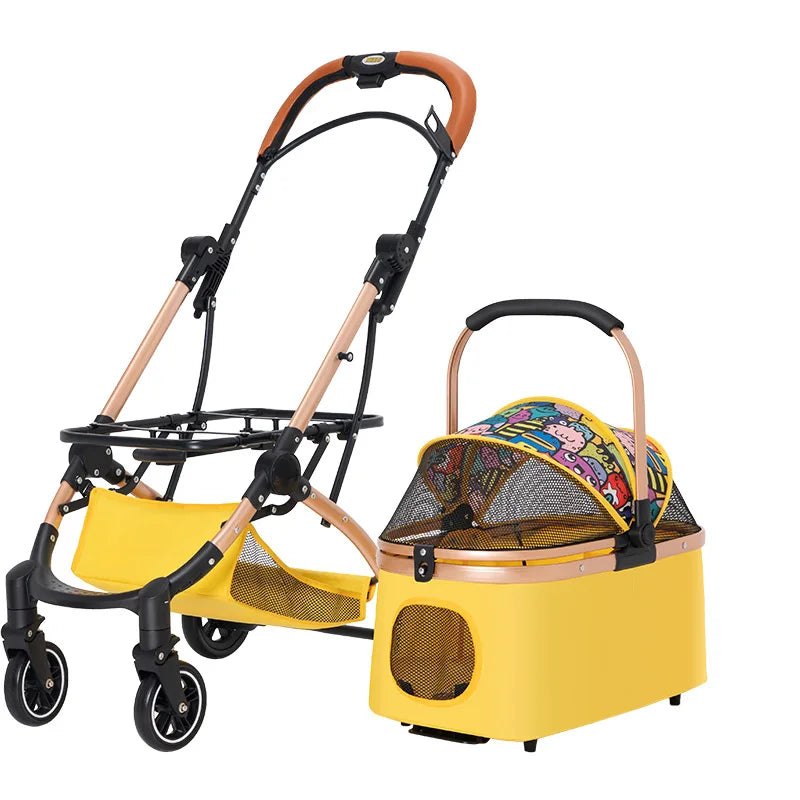 Pet Zen 3 in 1 pet stroller 2-piece yellow carriage with detachable carrier, rose-gold frame on Tampa Home & Garden Store