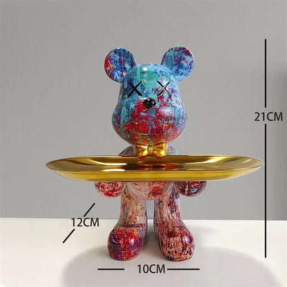 Perfecsy graffiti bear ornament figurine, 21cm, multicolor finish with gold tray decor on Tampa Home & Garden Store