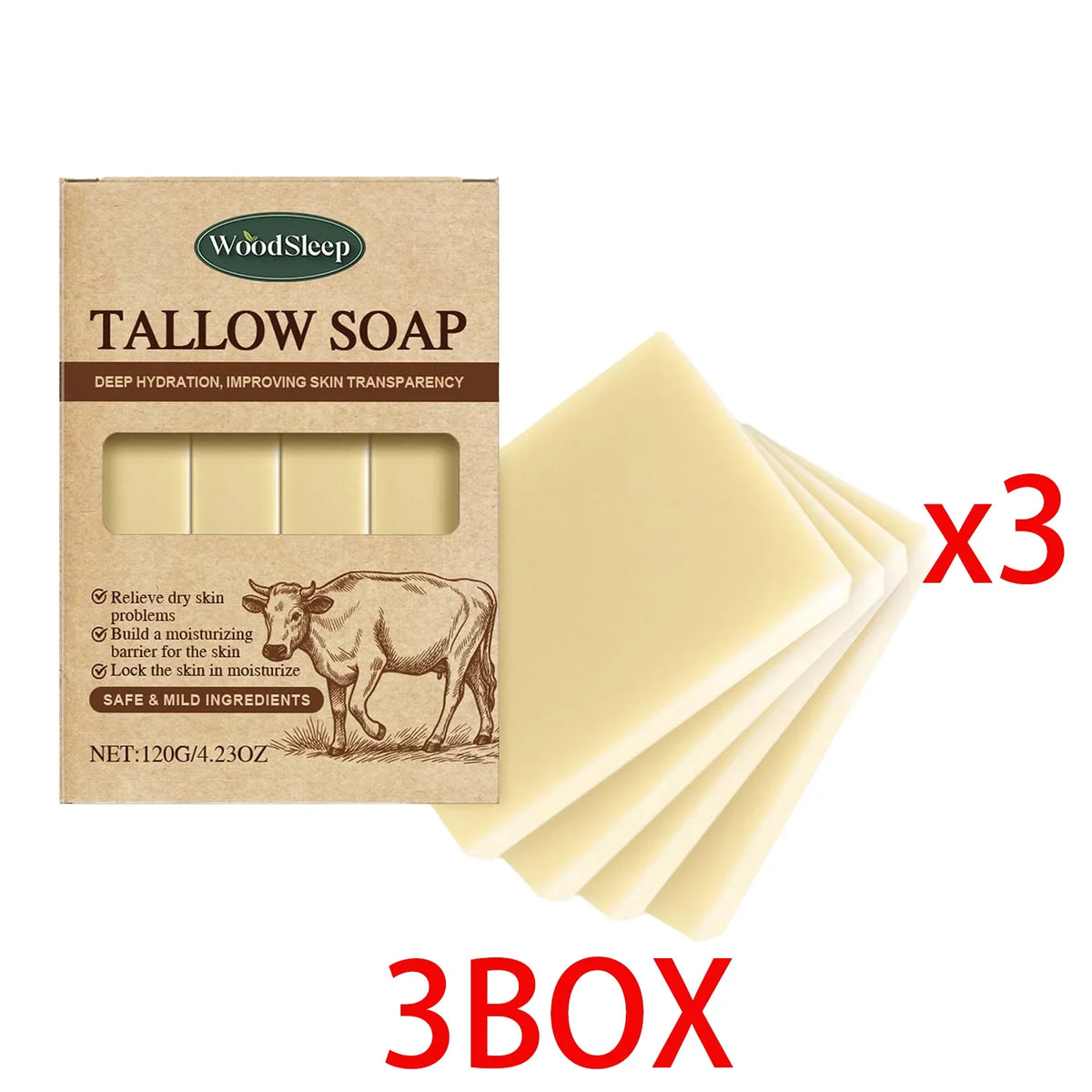 WoodSleep tallow soap bar by Silcy Skin, grass-fed beef, kraft box 3-pack on Tampa Home & Garden Store