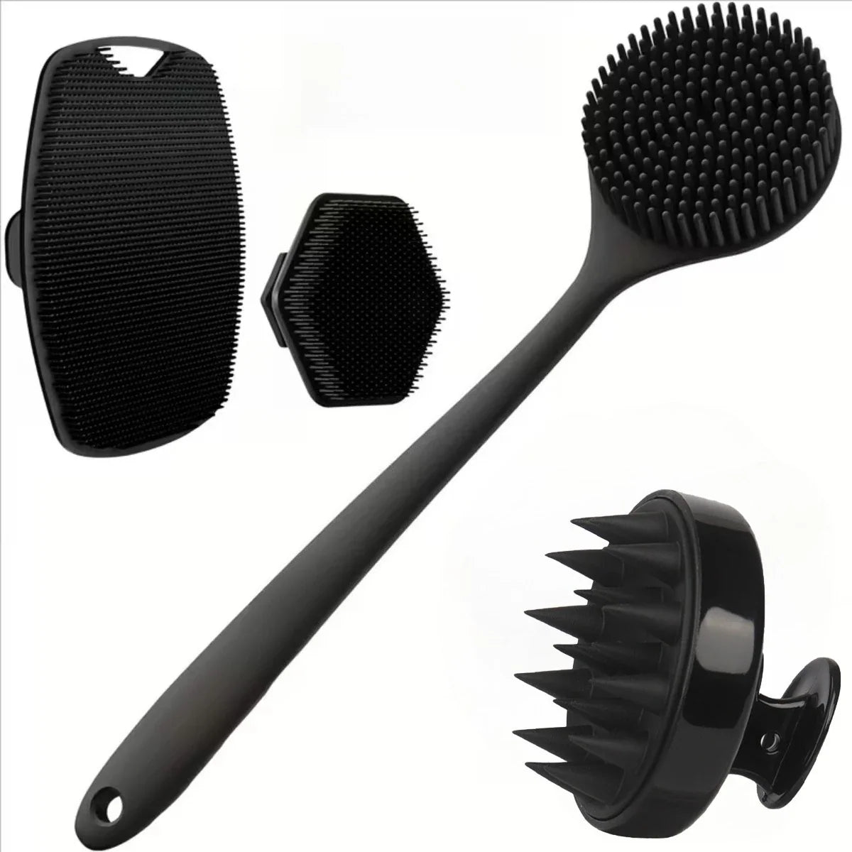 Silicone body scrubber set 4-piece black by Silcy Skin; includes long-handled brush on Tampa Home & Garden Store