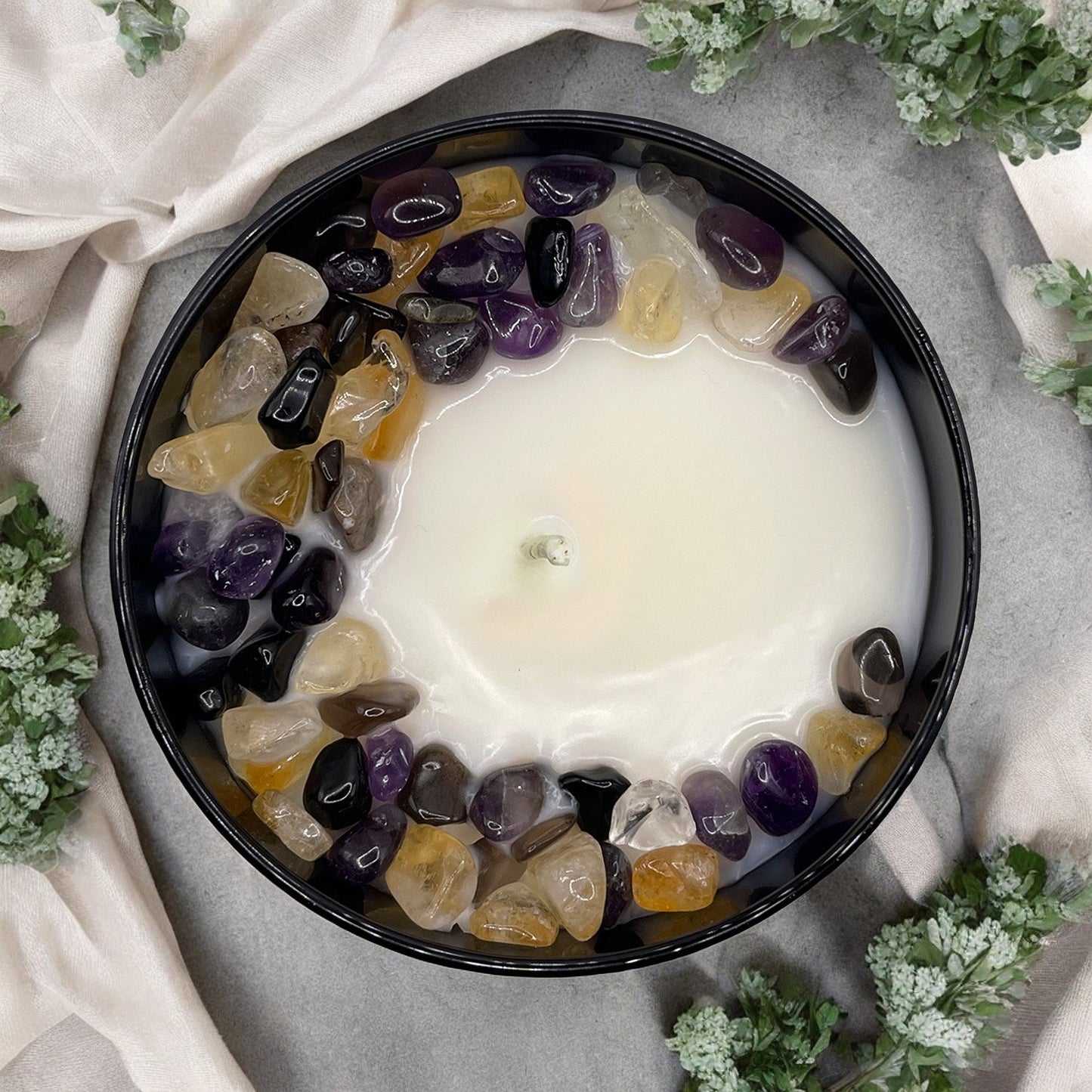 Sea Salt Eucalyptus Crystal Candle with Black Obsidian, Citrine, and Amethyst | Coconut-Soy Wax Candle, 9oz - Tampa Home & Garden Store