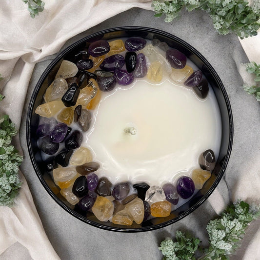 Sea Salt Eucalyptus Crystal Candle with Black Obsidian, Citrine, and Amethyst | Coconut-Soy Wax Candle, 9oz - Tampa Home & Garden Store