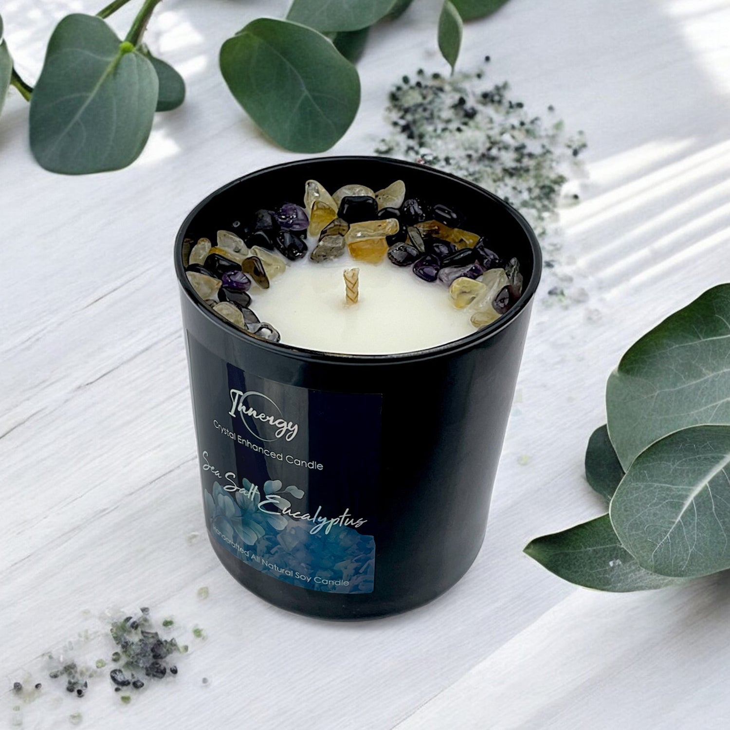 Sea Salt Eucalyptus Crystal Candle with Black Obsidian, Citrine, and Amethyst | Coconut-Soy Wax Candle, 9oz - Tampa Home & Garden Store