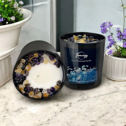 Sea Salt Eucalyptus Crystal Candle with Black Obsidian, Citrine, and Amethyst | Coconut-Soy Wax Candle, 9oz - Tampa Home & Garden Store