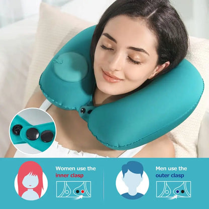 Portable inflatable flocking neck pillow in teal worn by a resting woman UpTrend Deals on Tampa Home & Garden Store