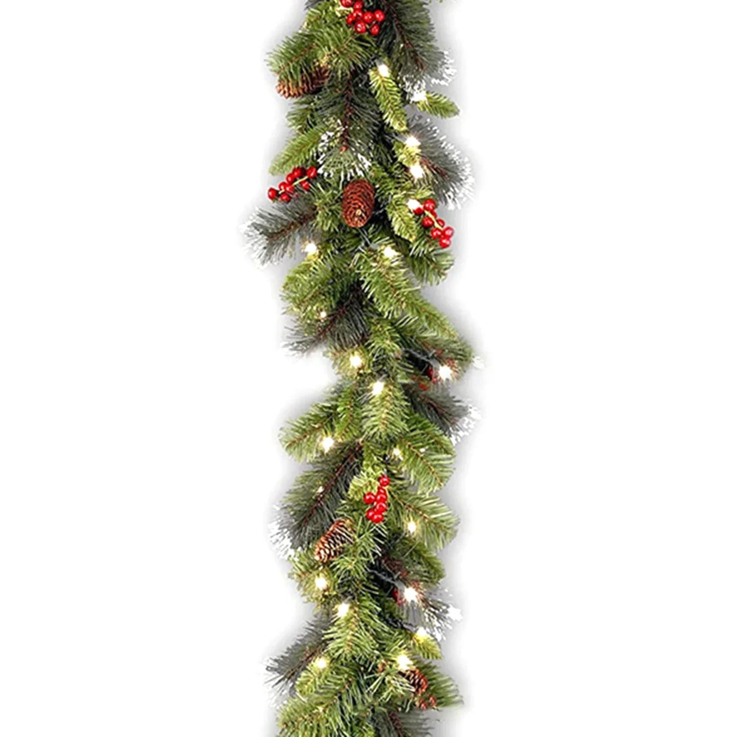 Perfecsy Christmas garland with green pine needles, red berries, pinecones and warm lights on Tampa Home & Garden Store