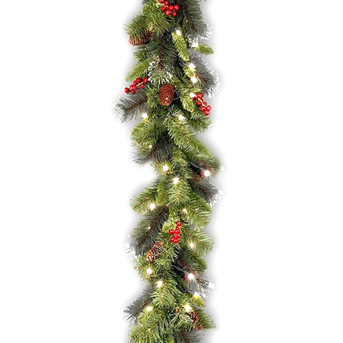 Perfecsy Christmas garland with green pine needles, red berries, pinecones and warm lights on Tampa Home & Garden Store