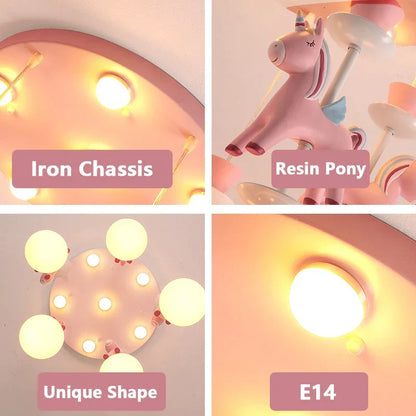 DecorBites Kids Dream Carousel Chandelier with pink resin pony, iron chassis, E14 bulbs on Tampa Home & Garden Store