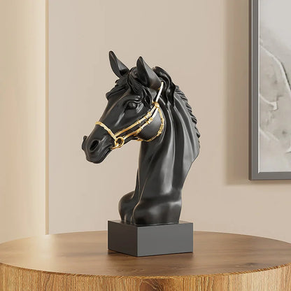 Galloping horse head resin sculpture in black with gold bridle on gray pedestal Perfecsy on Tampa Home & Garden Store
