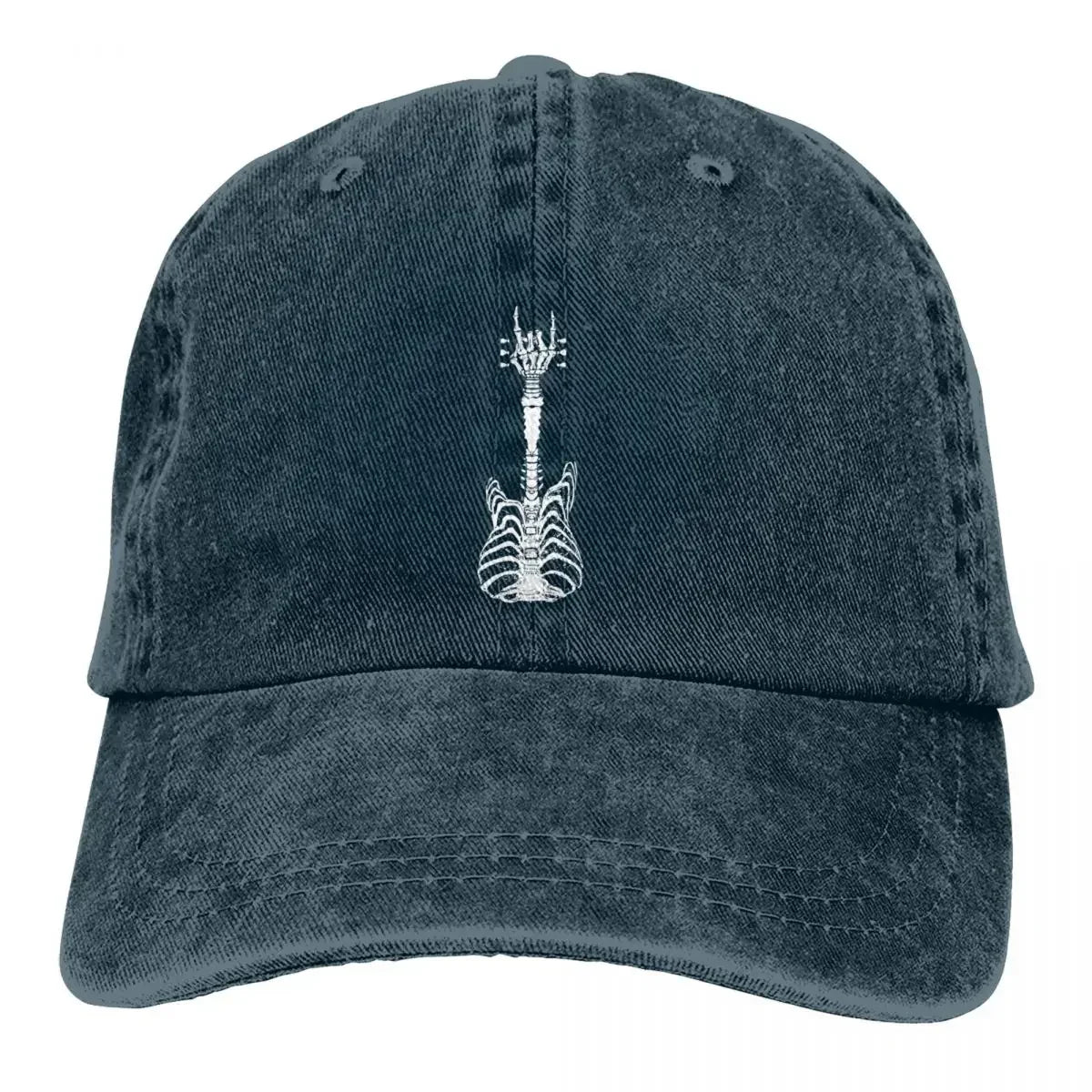 Rock & Roll Skeleton Cap in dark washed denim with skeleton guitar graphic by BikerZoneZ on Tampa Home & Garden Store