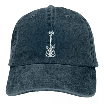 Rock & Roll Skeleton Cap in dark washed denim with skeleton guitar graphic by BikerZoneZ on Tampa Home & Garden Store
