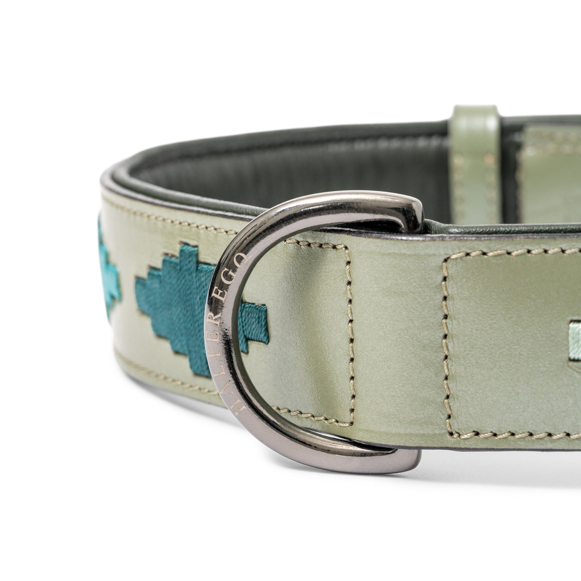 Sea Glass Leather Dog Collar by Halter Ego, green with teal accent and metal ring on Tampa Home & Garden Store