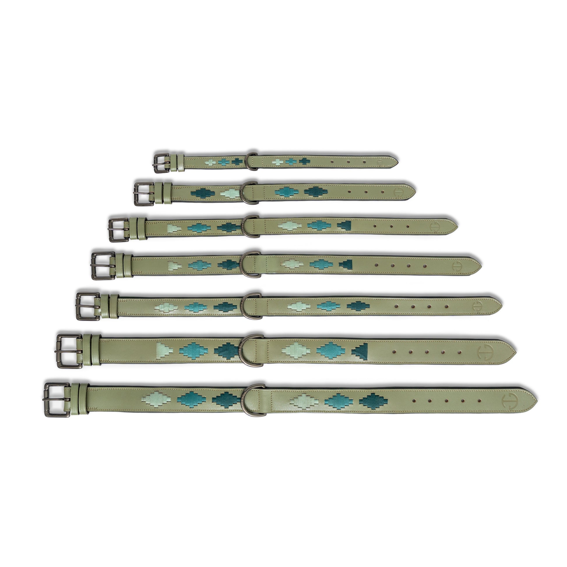 Sea Glass Leather Dog Collar by Halter Ego in olive green with teal cross accents, set of 8 on Tampa Home & Garden Store