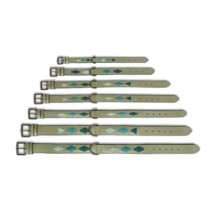 Sea Glass Leather Dog Collar by Halter Ego in olive green with teal cross accents, set of 8 on Tampa Home & Garden Store