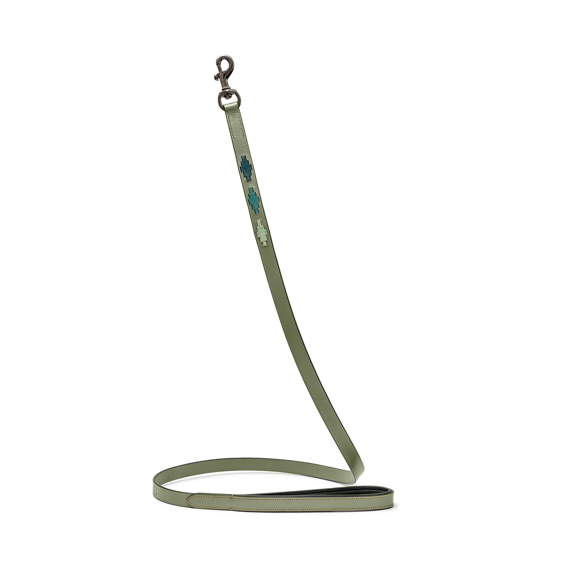 Sea Glass Leather Dog Leash olive-green with blue cross accents Halter Ego on Tampa Home & Garden Store