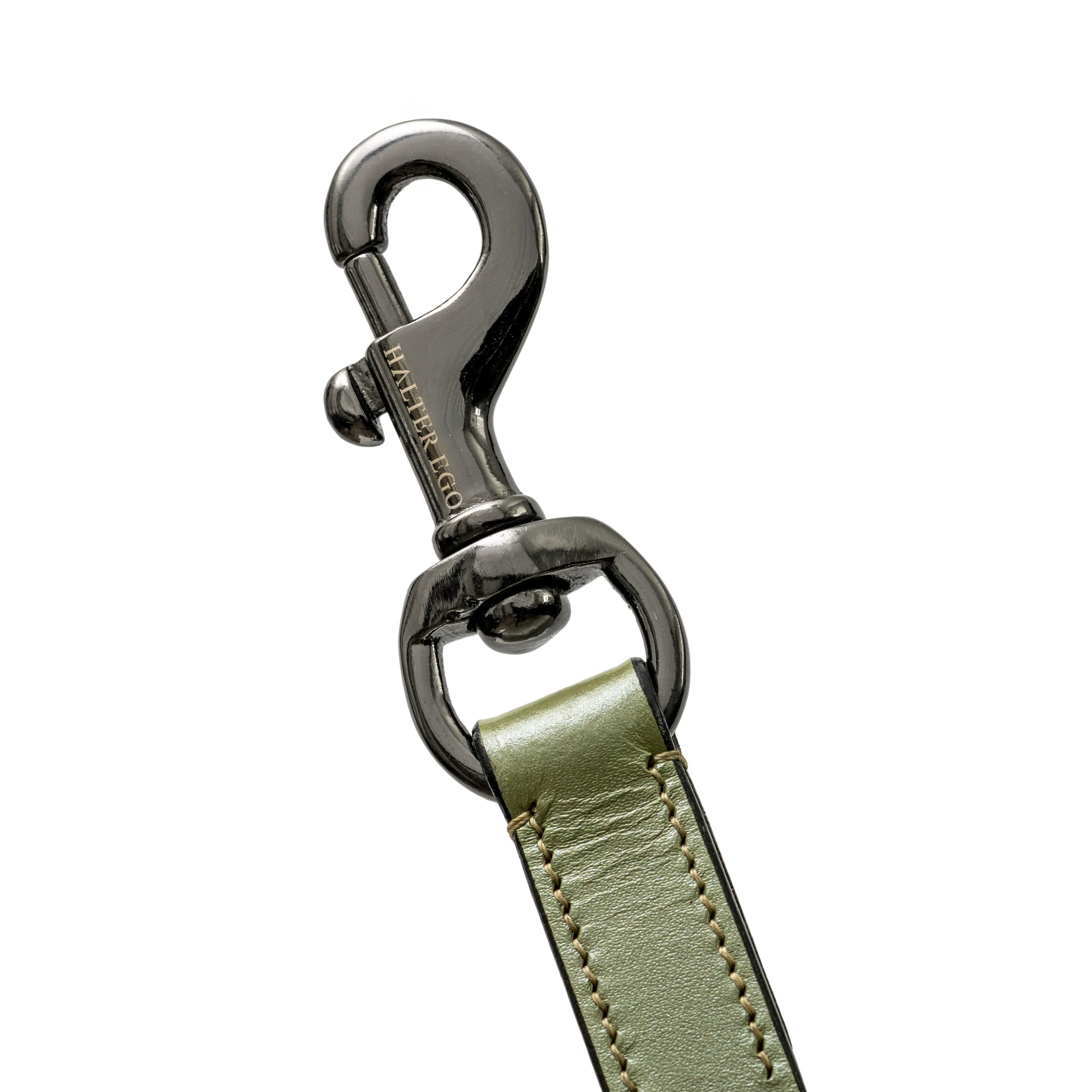 Sea Glass Leather Dog Leash by Halter Ego, olive-green leather strap with metal swivel snap on Tampa Home & Garden Store