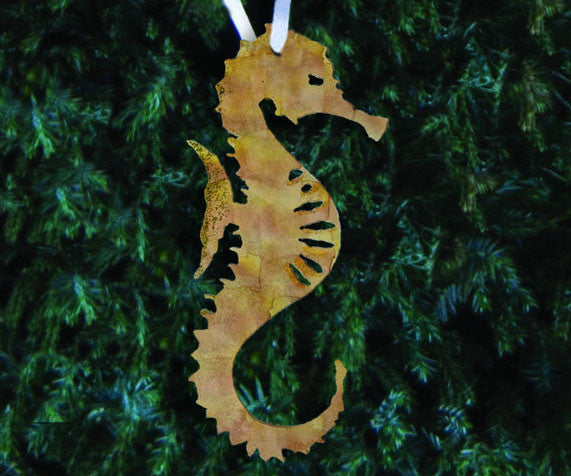 Seahorse plant stake ornament in rusted metal with cutout detail Rustica Ornamentals decor on Tampa Home & Garden Store