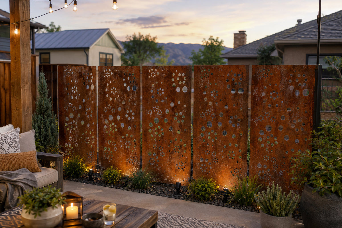 Outdoor privacy wall panels rust-colored perforated steel for patio fence 7 panels on Tampa Home & Garden Store