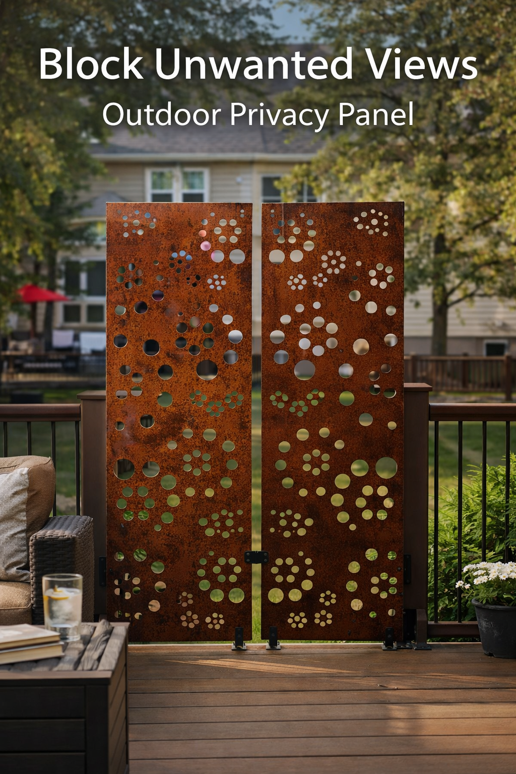 Rustica Ornamentals metal privacy wall panels, rust finish with circular cutouts, 60” & 72” on Tampa Home & Garden Store
