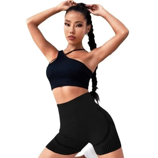Women yoga set: black high-waist seamless shorts with navy cropped top by UpTrend Deals on Tampa Home & Garden Store
