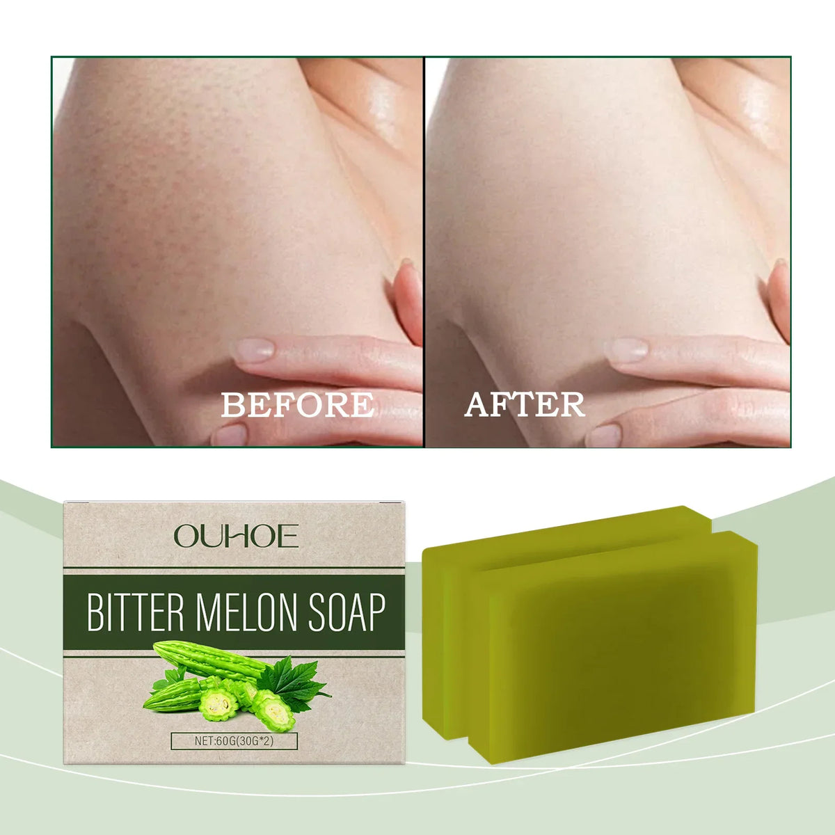 OUHOE Bitter Melon Soap by Silcy Skin; before after skin shows refined pores on Tampa Home & Garden Store