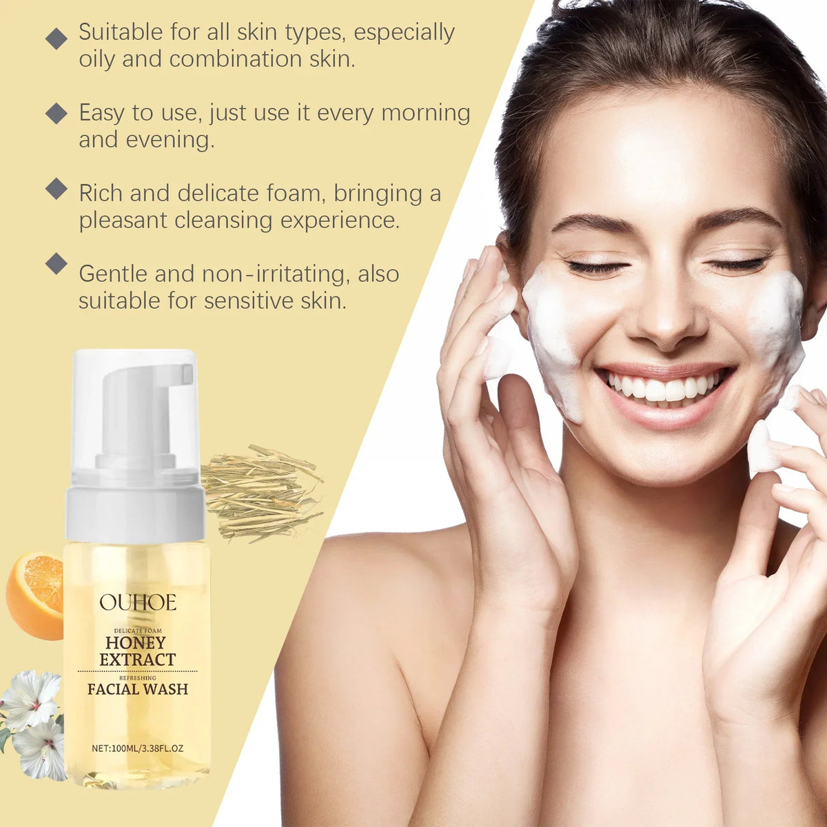 OUHOE Honey Extract Facial Wash bottle with pump; smiling woman applying foam on cheek on Tampa Home & Garden Store