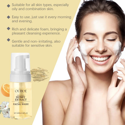 OUHOE Honey Extract Facial Wash bottle with pump; smiling woman applying foam on cheek on Tampa Home & Garden Store