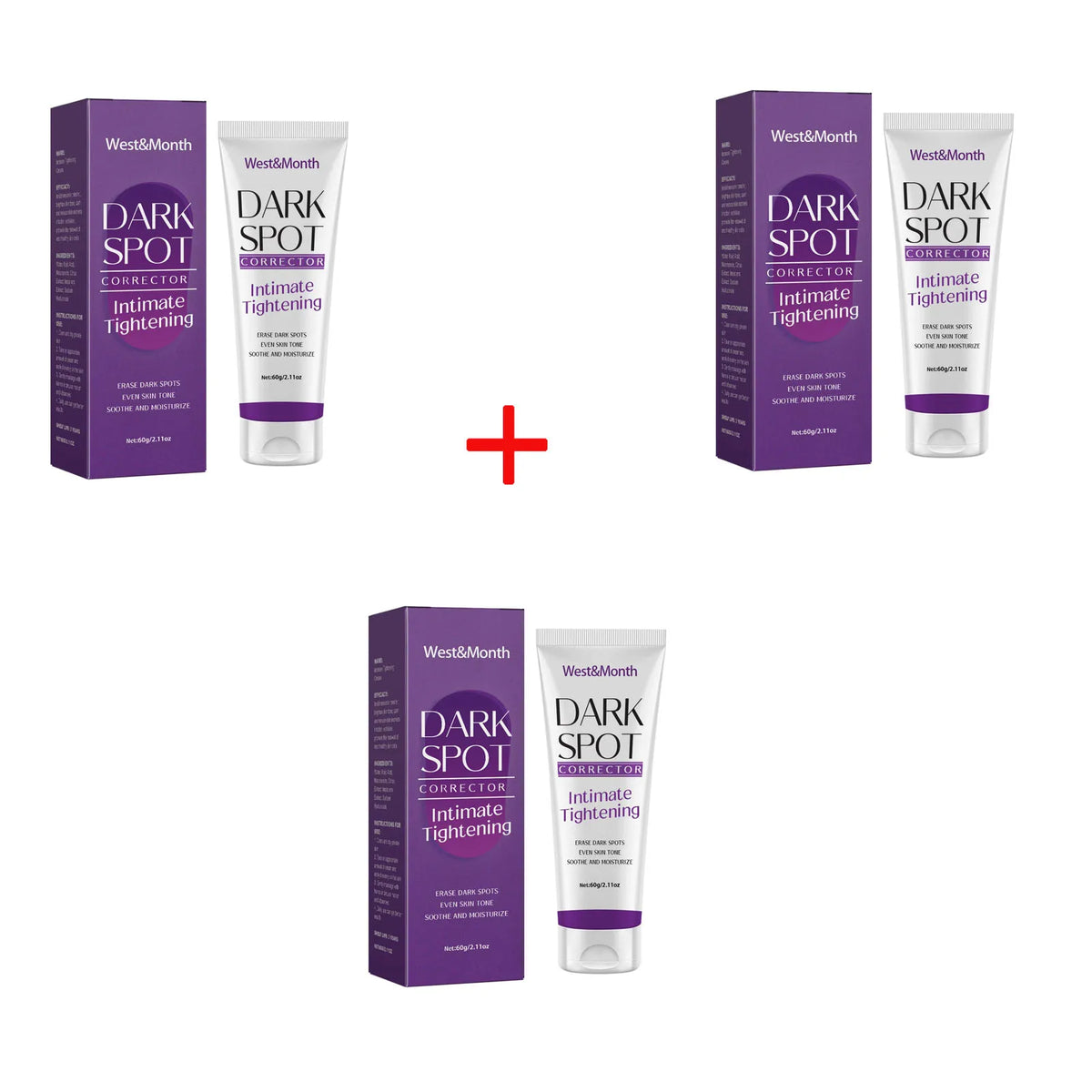 Dark Spot Corrector Intimate Tightening 2-pack West&Month purple boxes and white tubes on Tampa Home & Garden Store