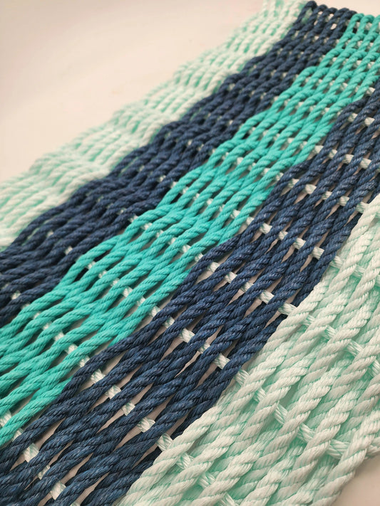 Seafoam, Navy and Teal Rope Mat made with Lobster Rope - Tampa Home & Garden Store