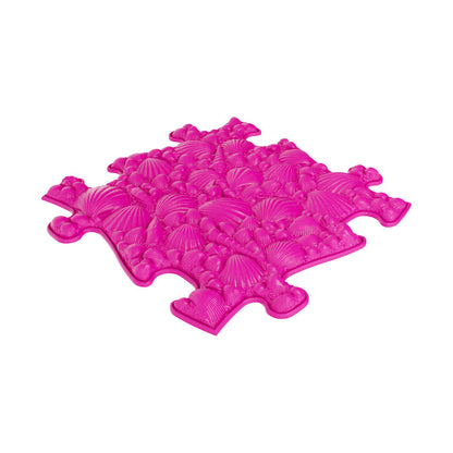 Pink sensory play mat tile with shell motifs and scalloped edges for interlocking mats on Tampa Home & Garden Store