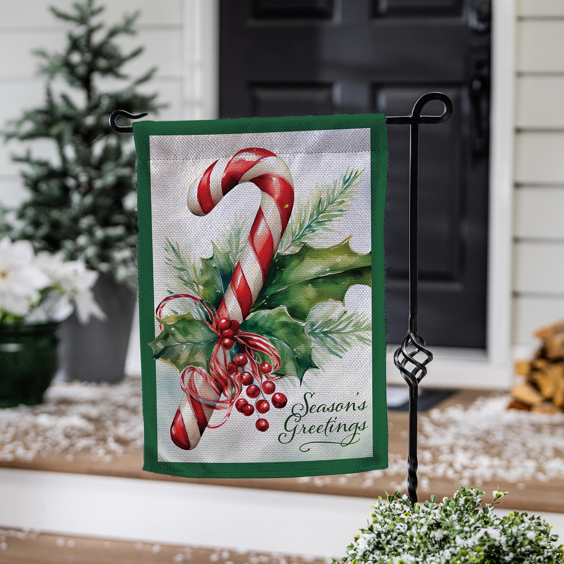 Season's Greetings Candy Cane Burlap Garden Flag - Tampa Home & Garden Store