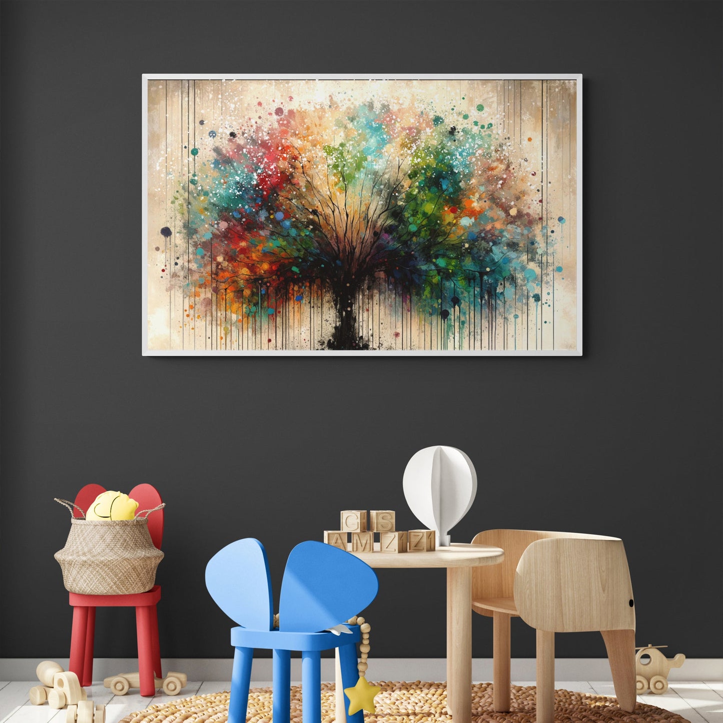 Canvas Print Season Spectrum by Tailored Canvases; abstract tree with splatters on beige backdrop on Tampa Home & Garden Store