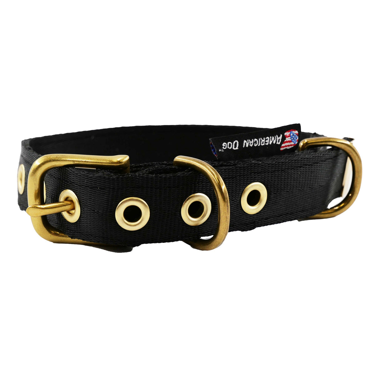 Collars Seatbelt dog collar black nylon with brass hardware American Dog on Tampa Home & Garden Store