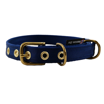 Seatbelt dog collar by American Dog in blue with brass hardware on Tampa Home & Garden Store