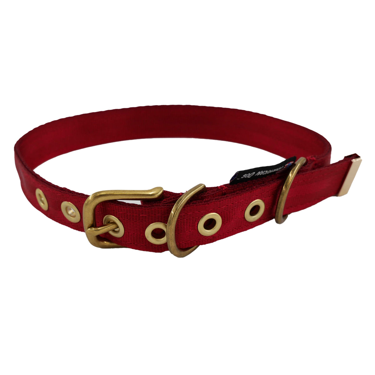 Collars Seatbelt dog collar red fabric with brass hardware American Dog brand on Tampa Home & Garden Store