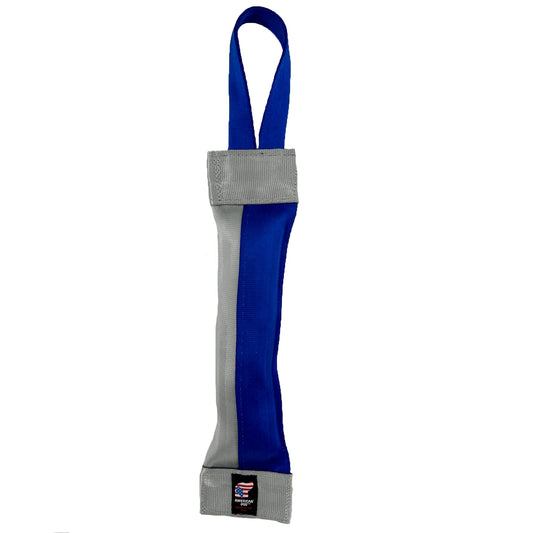 Seatbelt 2-Tone Tube Tug dog toy blue and gray with loop handle American Dog brand on Tampa Home & Garden Store