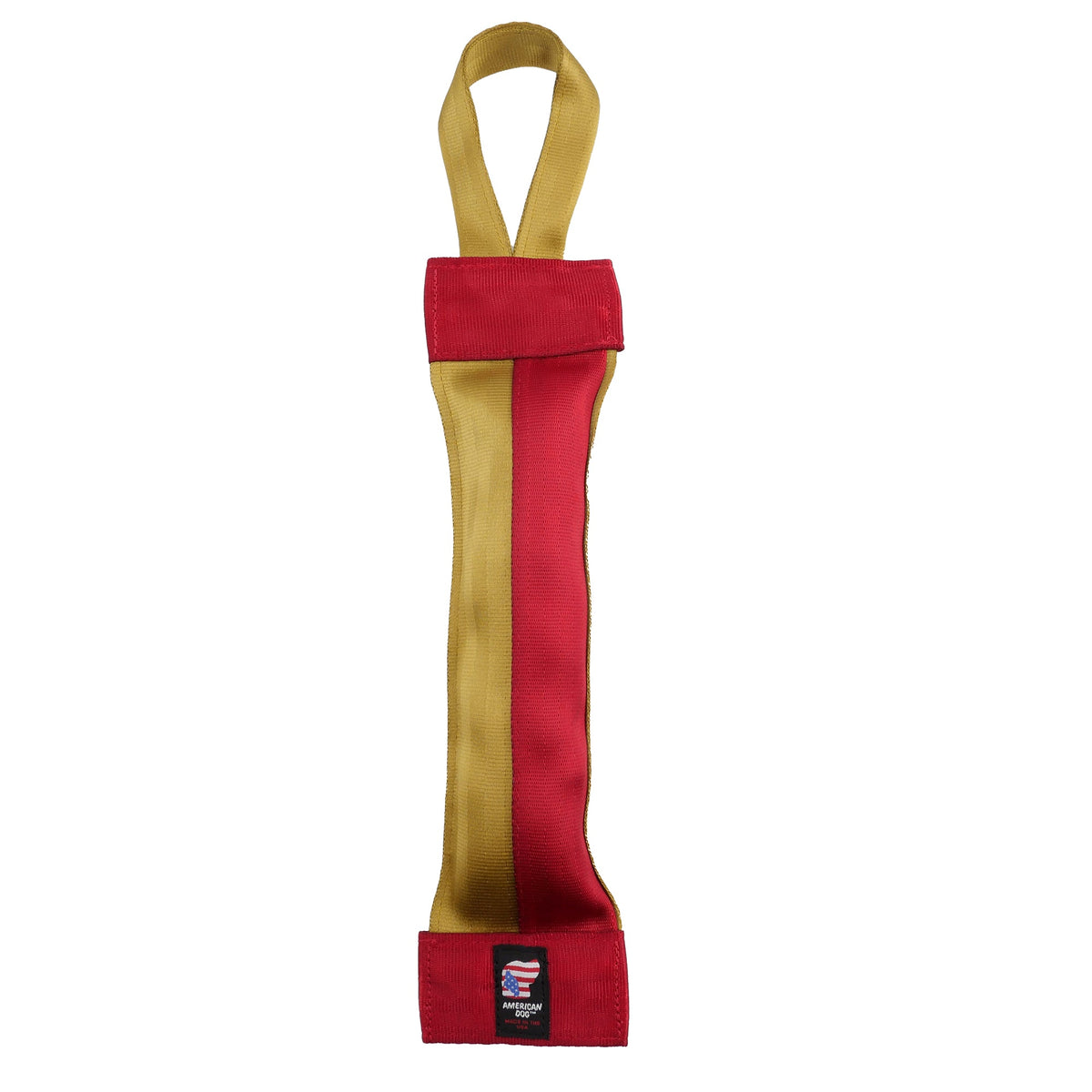 Seatbelt 2-Tone Tube Tug dog toy in red and yellow nylon with loop handle from American Dog on Tampa Home & Garden Store
